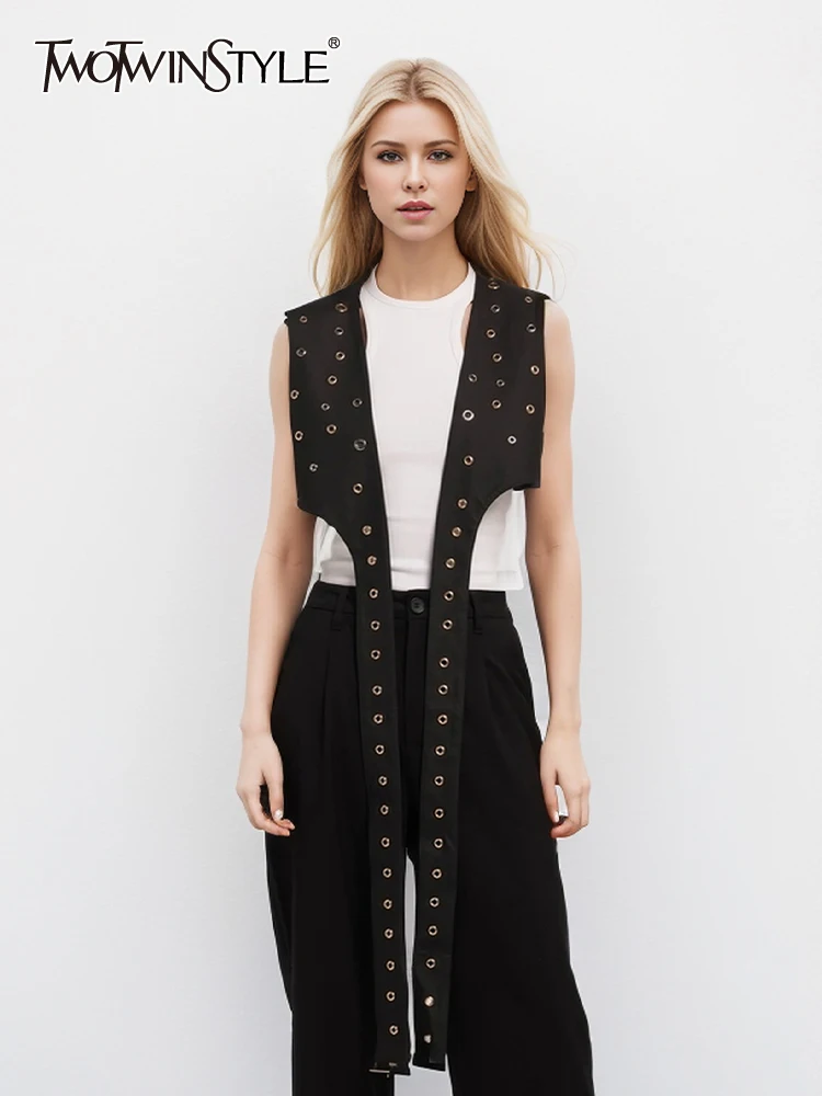 

TWOTWINSTYLE Solid Spliced Rivets Hollow Out Waistcoats For Women V Neck Sleeveless Patchwork Belt Chic Short Waistcoat Female