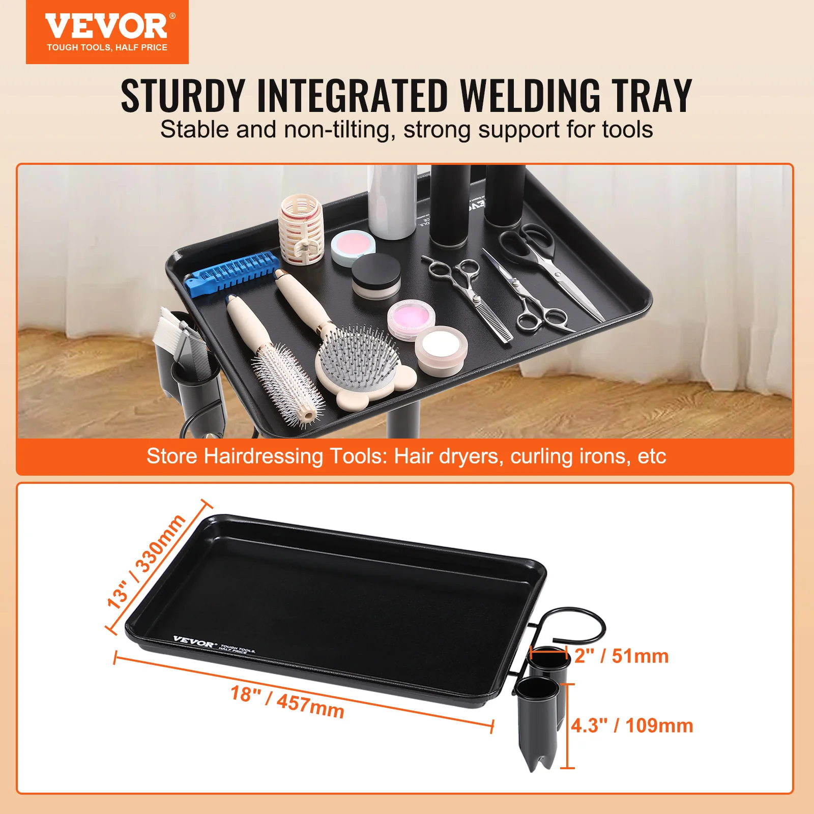 VEVOR Salon Tray Cart Height Adjustable Rolling Salon Tray Cold-rolled Plate Tattoo Tray with 5 Wheels for SPA Barbershop Clinic