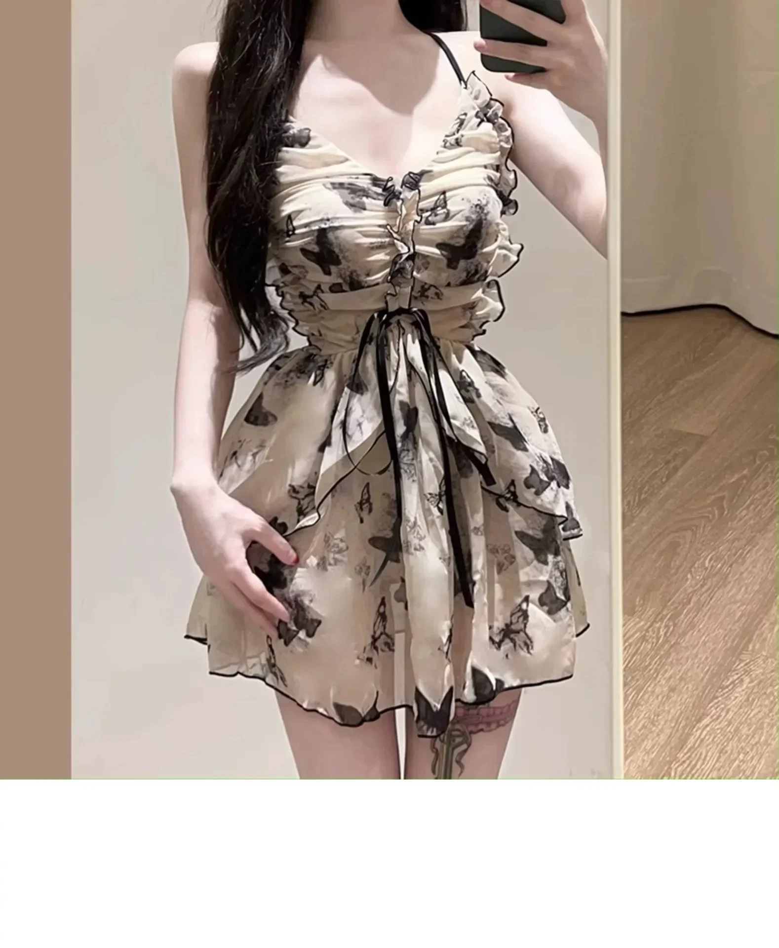 sexy Korean fashion conservative swimsuit one piece vintage butterfly print mini dress culottes bikinis padded swimwear biquini