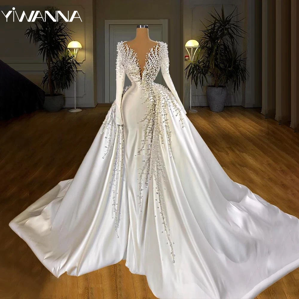 Modest Long Sleeve Bridal Dress Sparkly Pearls Wedding Gown Luxury Detachable Train Bride Robe Customized Vestido De Novia