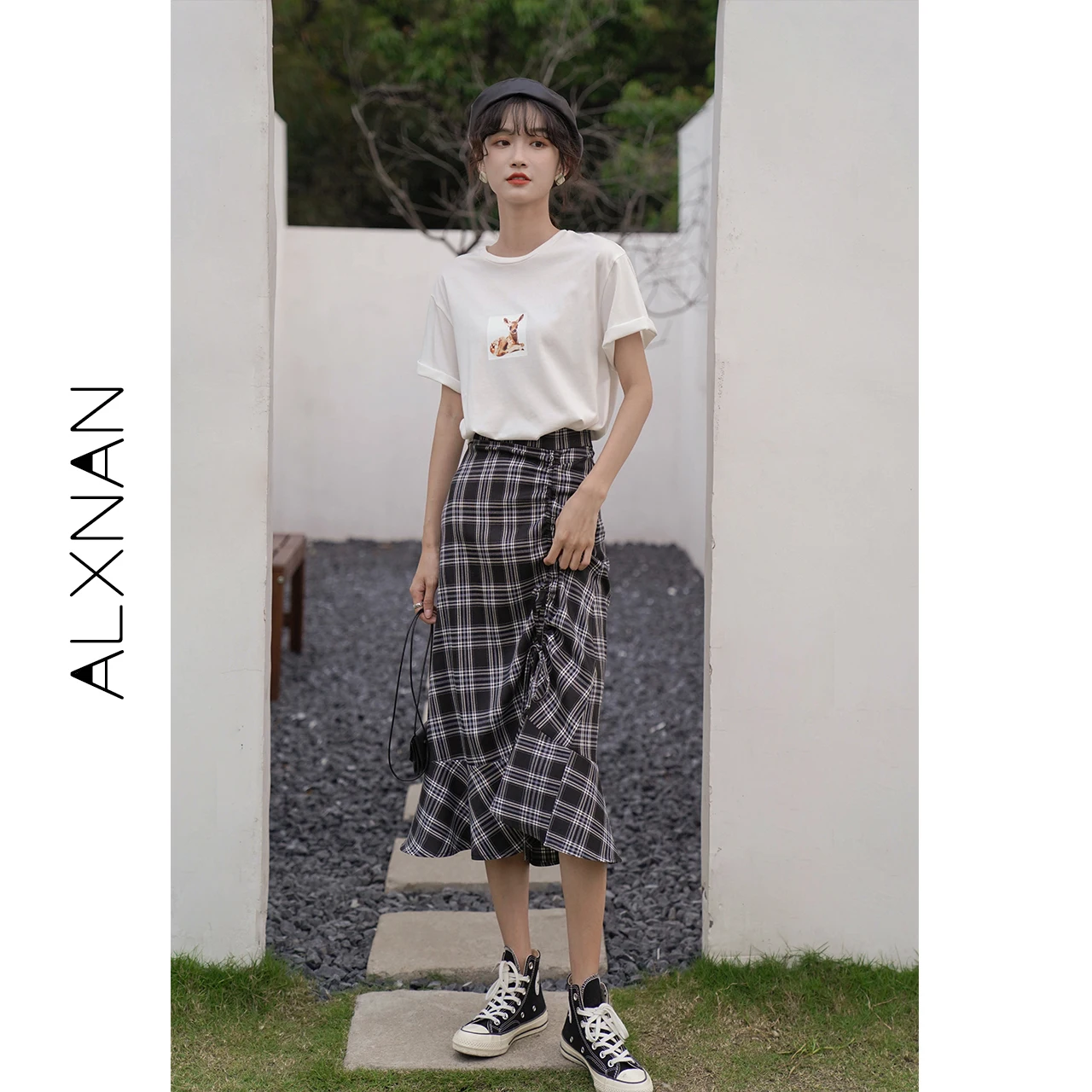 

ALXNAN Plaid Skirts for Women 2024 Summer Midi A-line Fashion Casual Drawstring Simple Spliced Asymmetric Skirt Woman LXN11420