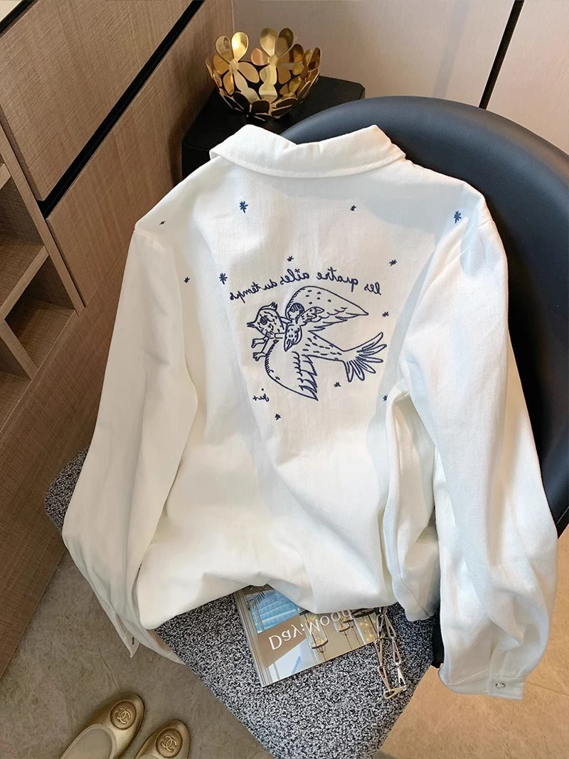 

Youthful Embroidered Bird Star Straight Leg Long Sve Women's irt Trendy Casual Sle Warmth Autumn Season Button up
