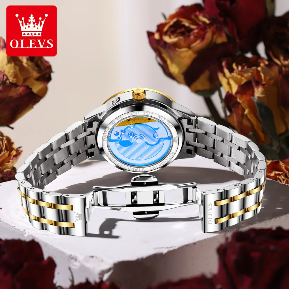 ساعات OLEVS 7041 Moon Phase متعددة الوظائف ميكانيكية للنساء، ساعة أوتوماتيكية أصلية للنساء، ساعة يد أنيقة للسيدات
