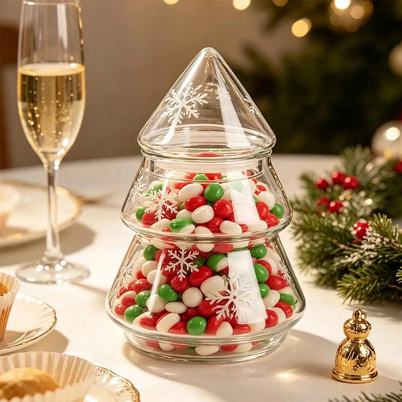 Elegant Glass Christmas Tree Storage Jar Snowflake Lid Decorative Clear Candy Cookie For Home Decor Holiday Kitchen Display