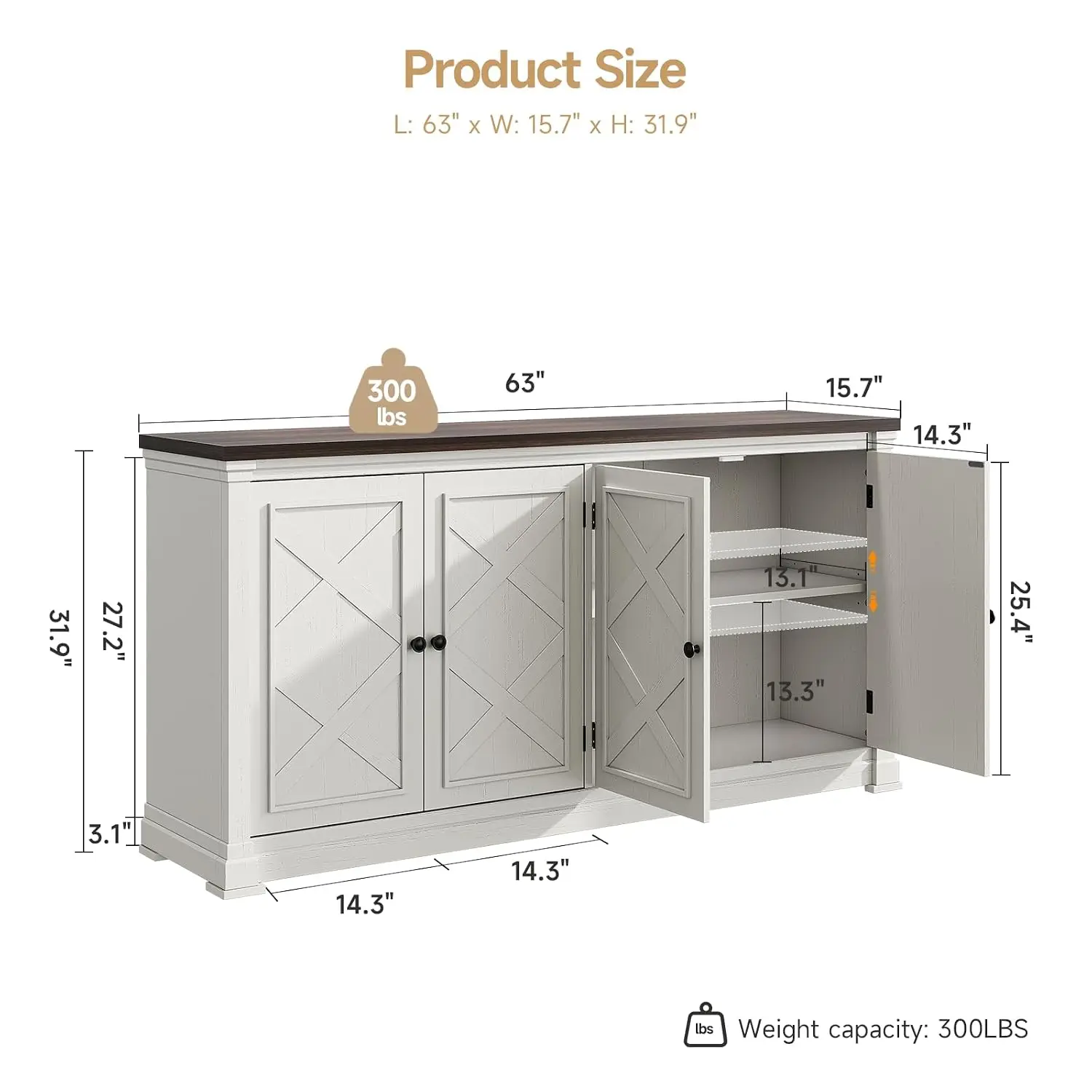 63 Inch Buffet Cabinet with Storage 4 Barn Doors Off White, Customized