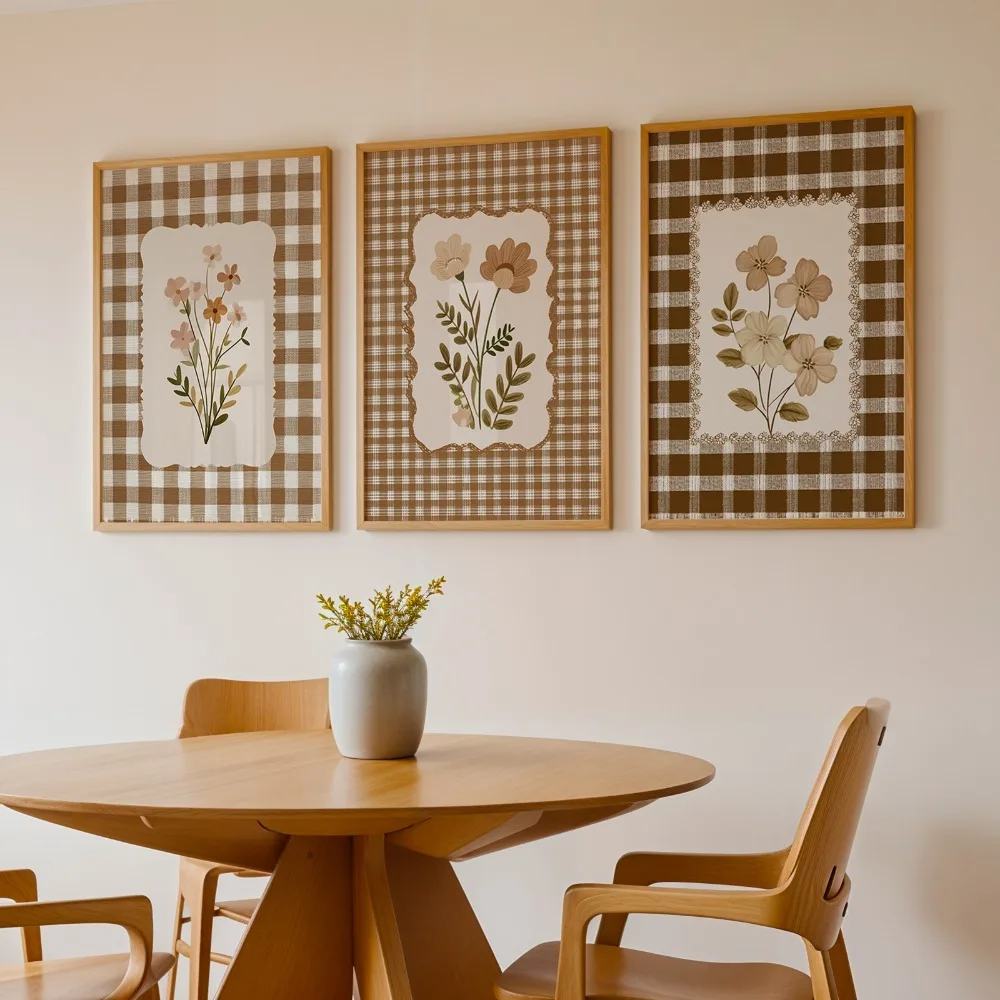 3pcs Frameless,Nostalgic Posters,Classic Country Wildflower Art Prints,Brown Checkered Flower Canvas Art,Bedroom Corridor Decor