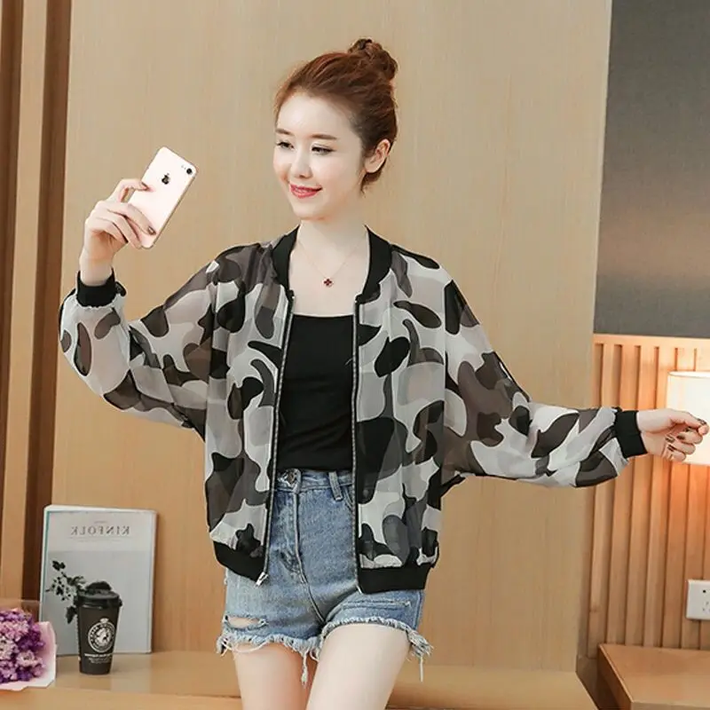 2024 Women Summer New Camouflage Thin Chiffon Sun Protection Clothing Women Short Anti-Ultraviolet Bat Sleeve Coats Size3XL Z953