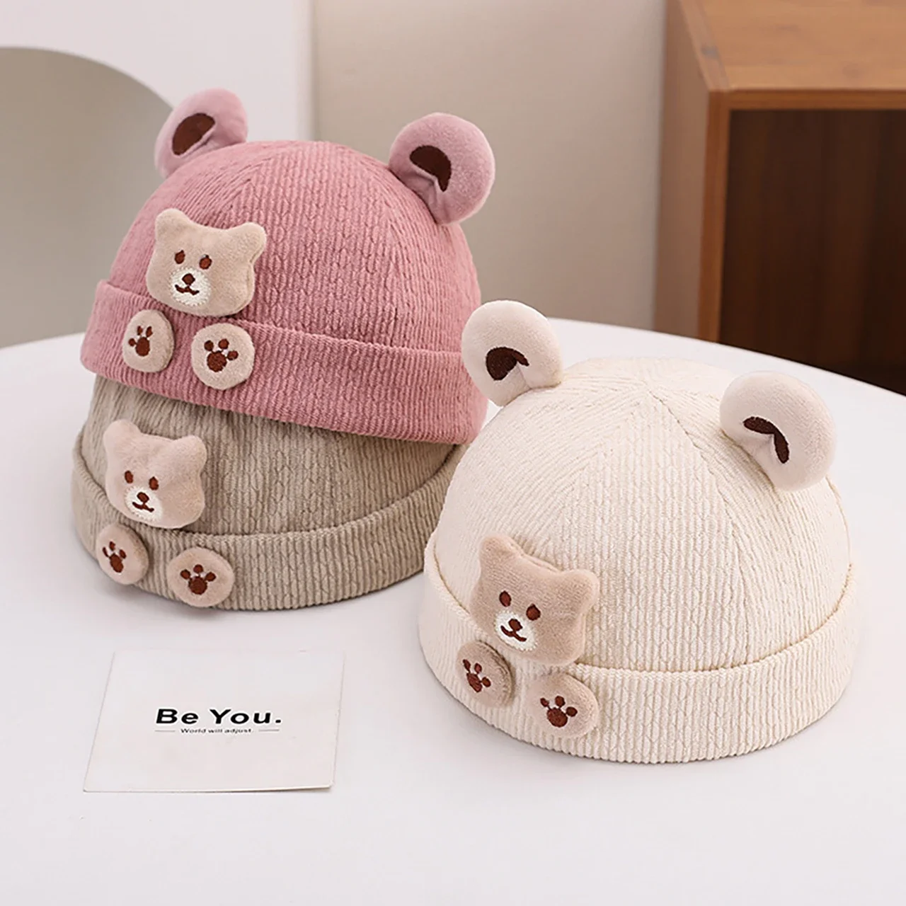 Gorro de melón para bebé de invierno, gorro grueso y cálido de pana para propietario para niños, gorros Docker de Color sólido con oso de dibujos animados