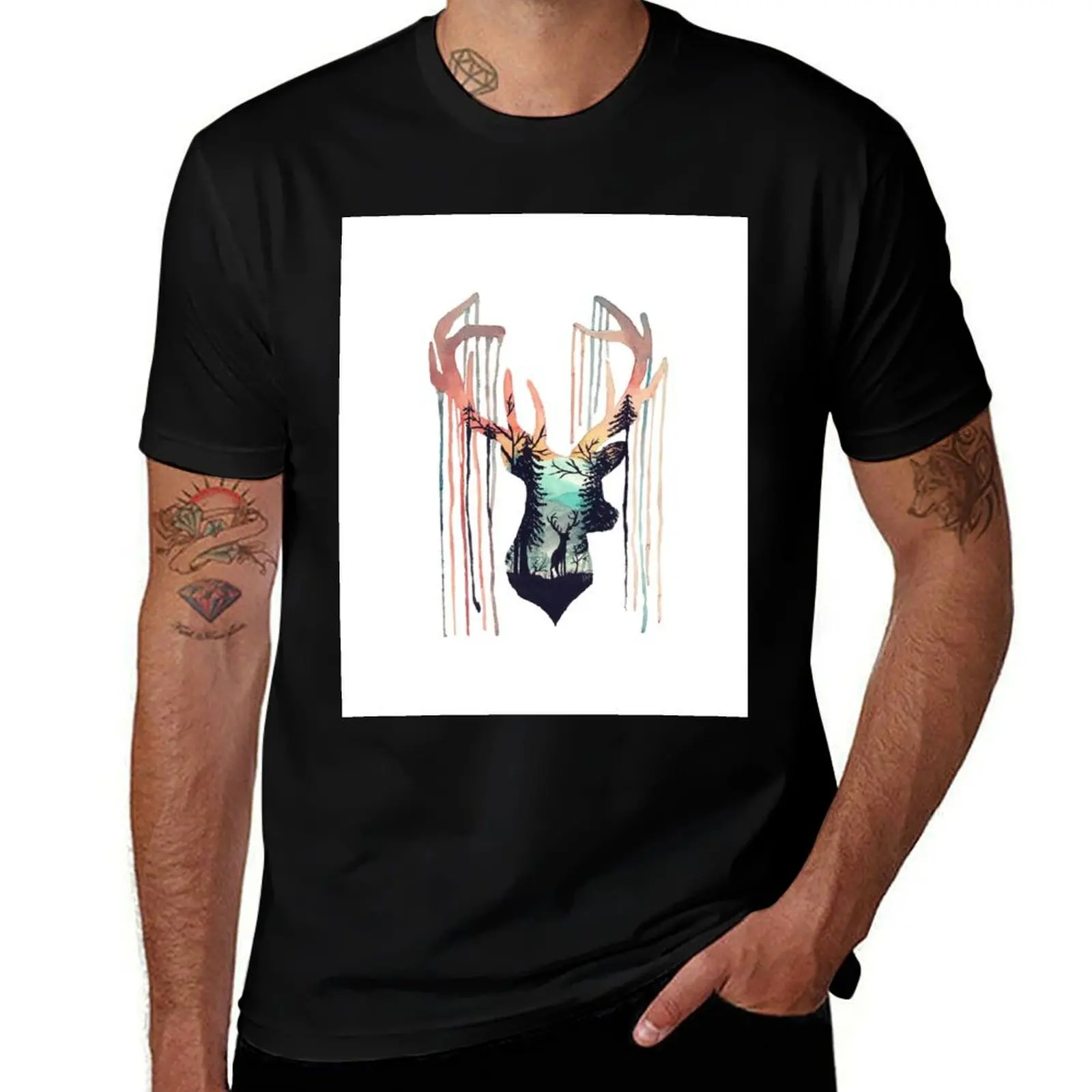 Elk Watercolor Animal Slihouette T-Shirt Fitness Training Breathable Tee T-Shirt