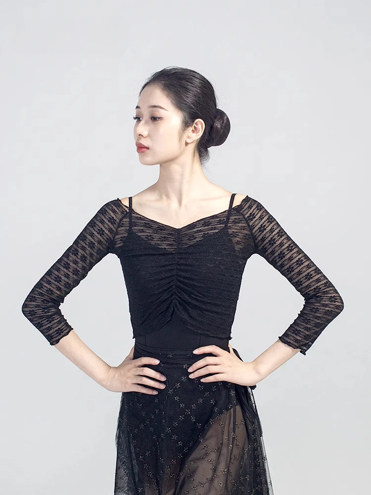 

Off Shoulder Ballet Lightweight Mesh Dance Top Adult Summer Thin Black Practice Nine-Sleeve Lace Suit