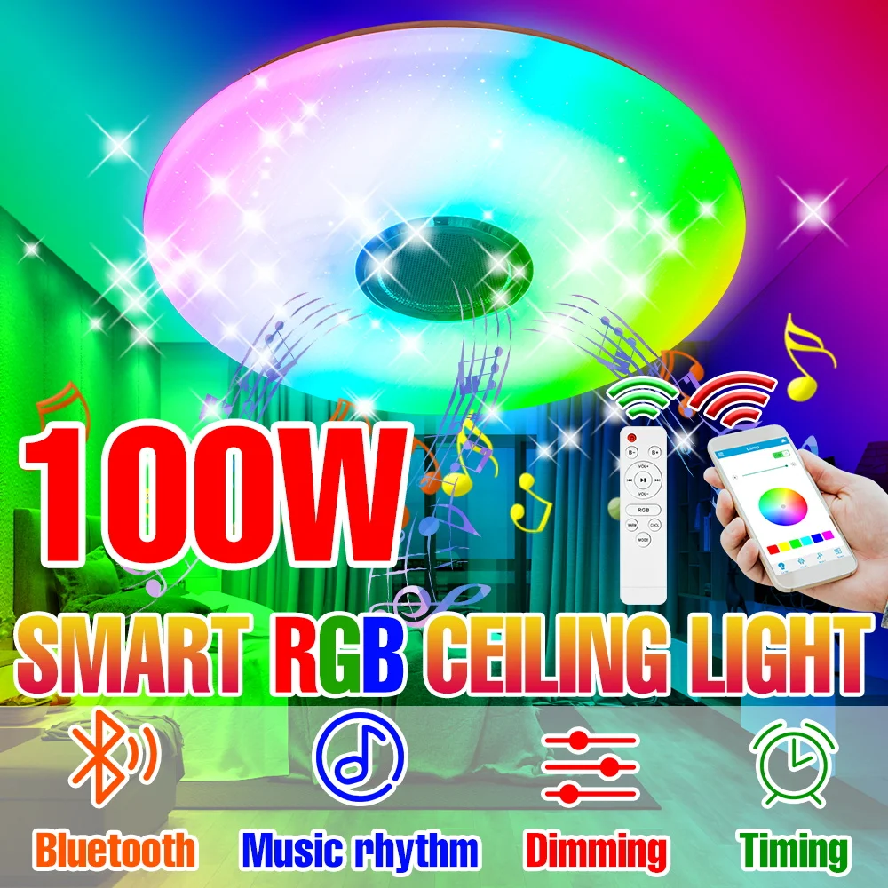 

100W LED Smart Ceiling Light AC100-240V Bluetooth Connection APP Remote Control RGB Dimmable With Speakers Music Festival Lamp