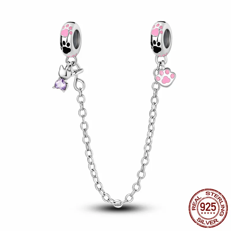 

S925 Sterling Silver Cat Paw Print Safety Chain Charm Bead for DIY Bracelets - A perfect jewelry gift for women.