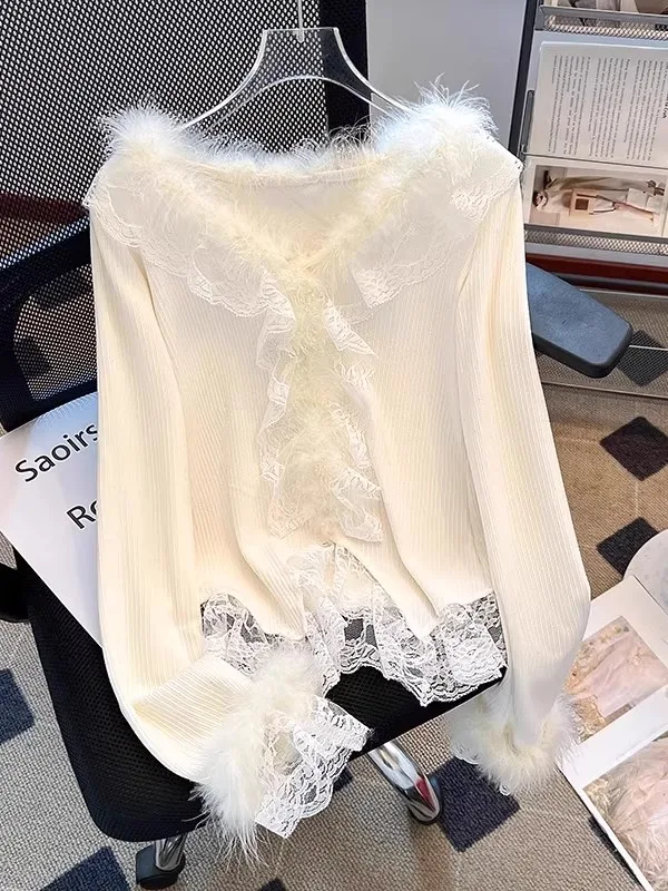 

Женский вязаный свитер Pure Desire с кружевными вставками и V-образным вырезом, осенне-зимняя новинка, уникальный красивый приталенный топ во французском стиле