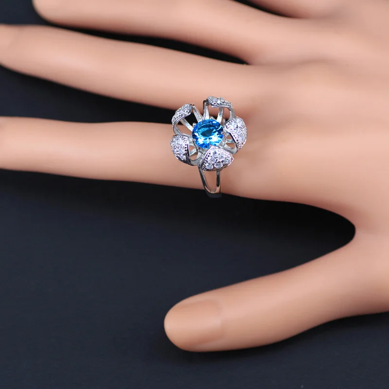 3D Flower Sky Blue Square Silver 925 Costume Jewelry For Women Drop Earrings Ring Necklace Bracelet Set