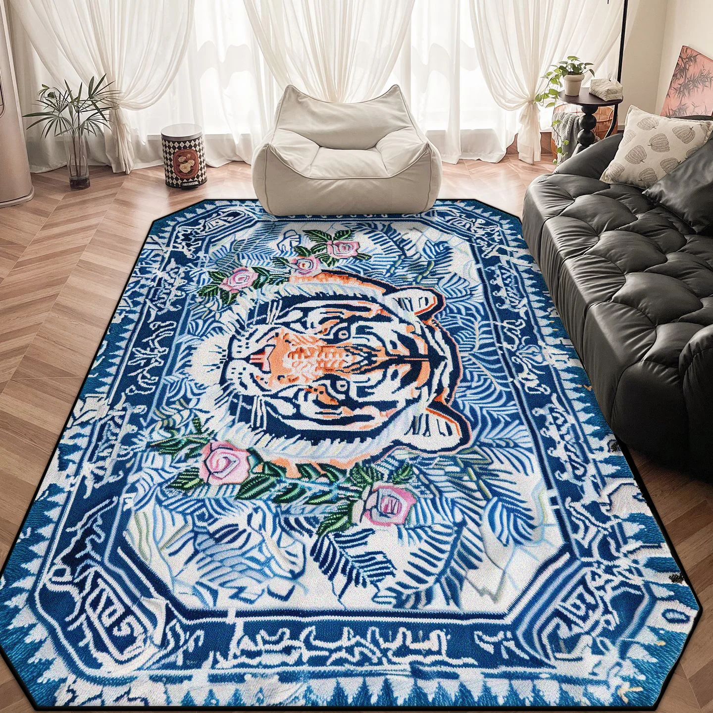 

Большой размер с рисунком тигра и растений для гостиной, противоскользящий ковер, мягкий, легко чистящийся, украшение для детской комнаты, ковер, диван, настольный коврик, фланель
