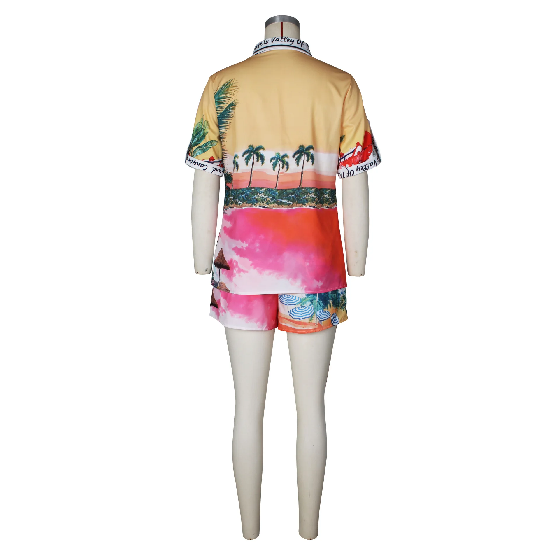 กางเกงขาสั้นกางเกงชุดผู้หญิง 2 ชิ้นชุดเปิดลงปกแขนสั้นพิมพ์เสื้อเอวสูงกางเกงทํางาน Y2k Streetwear