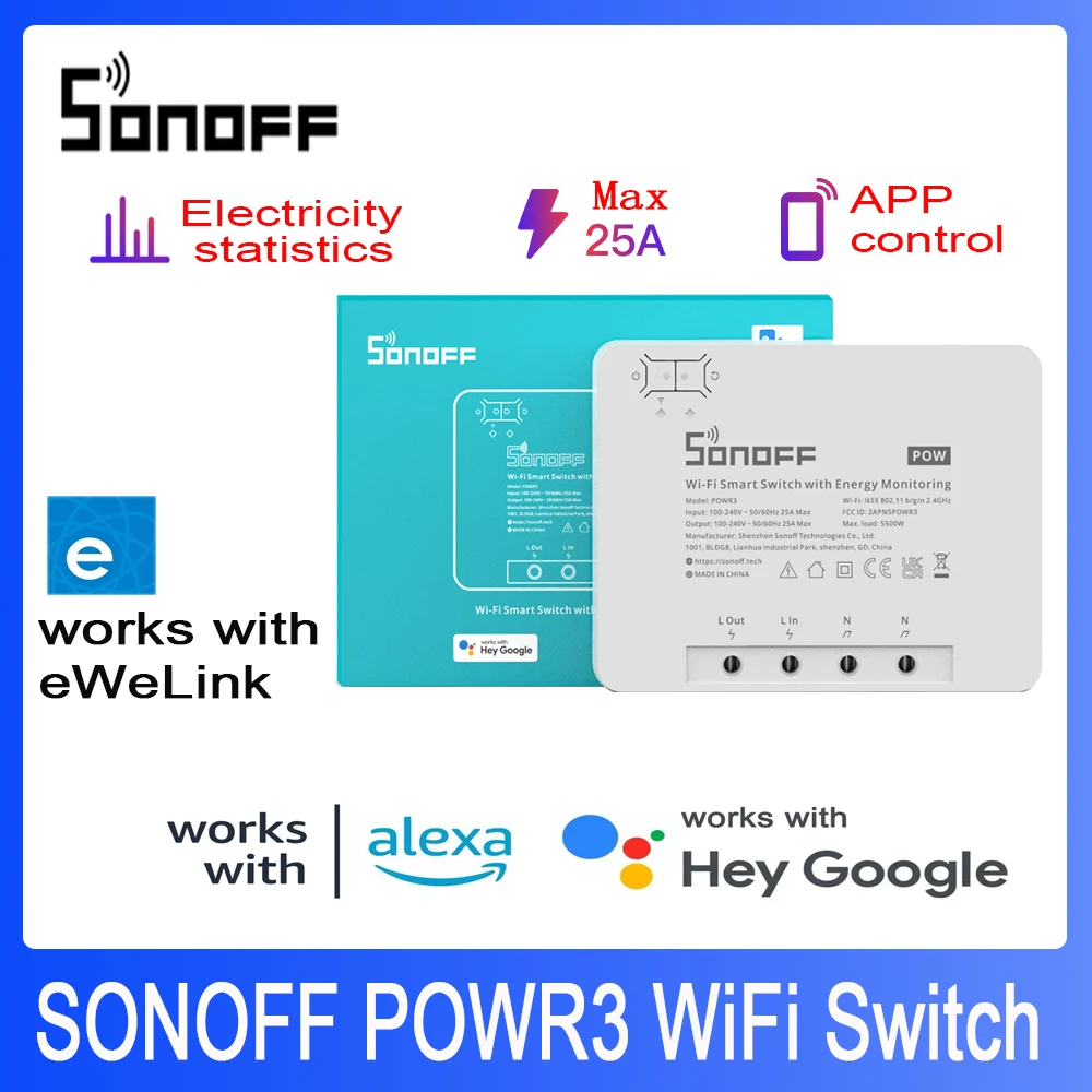 

SONOFF POW R3 Power Meter WiFi Smart Meter Switch 16A 20A 25A Power Monitor Work With Alexa Google Home Yandex Alice eWelink