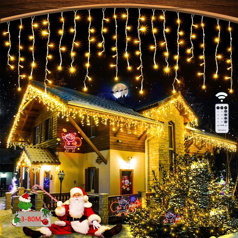 

Led Icicle String Lights 3M-40m Street Garland On The House 8 Modes Christmas Lights Outdoor For New Year Christmas Decoration