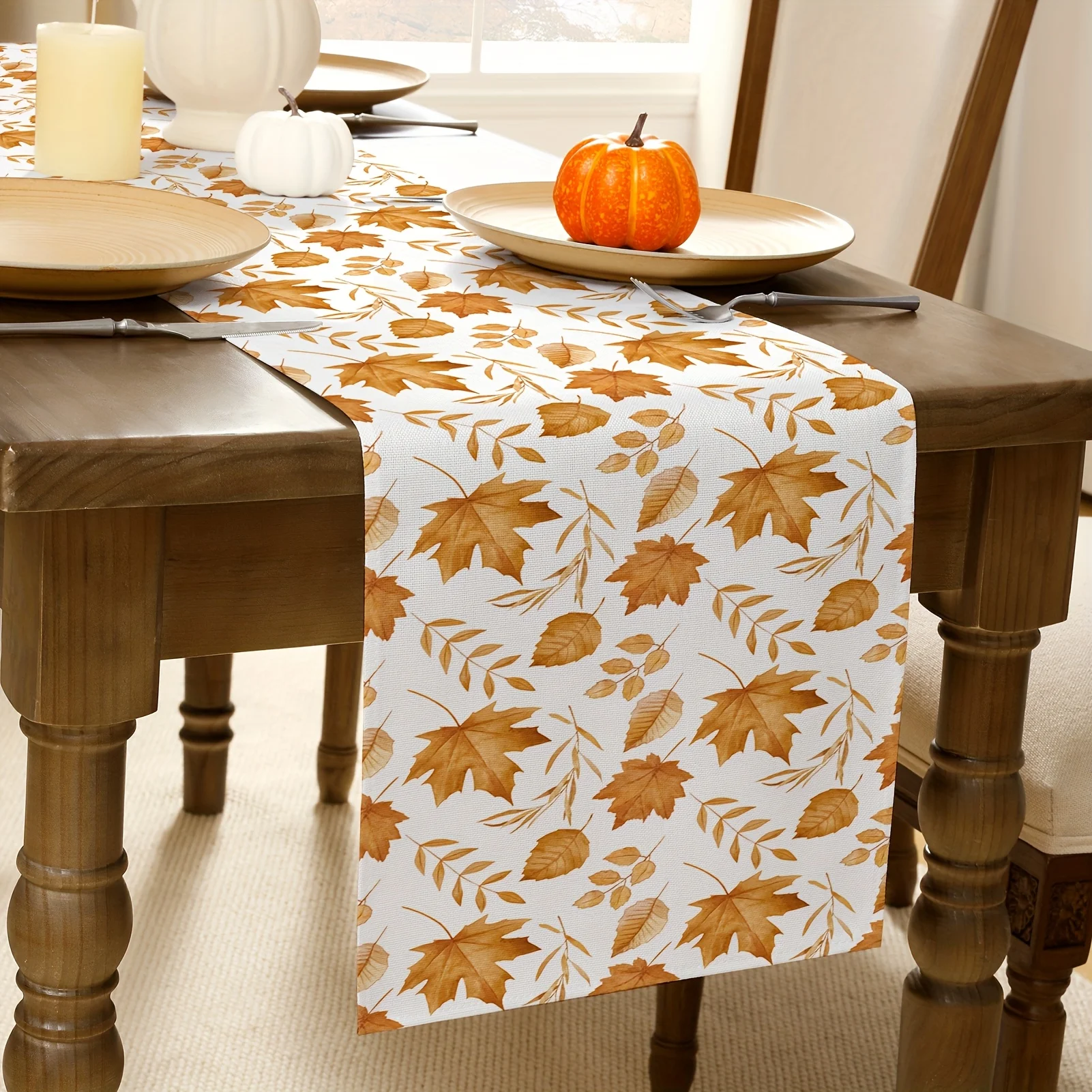 مفرش طاولة بني مع طباعة مسطحة من أوراق القيقب - ديكور لتناول الطعام في المزرعة، مناسب لعيد الشكر والمطبخ والعطلات