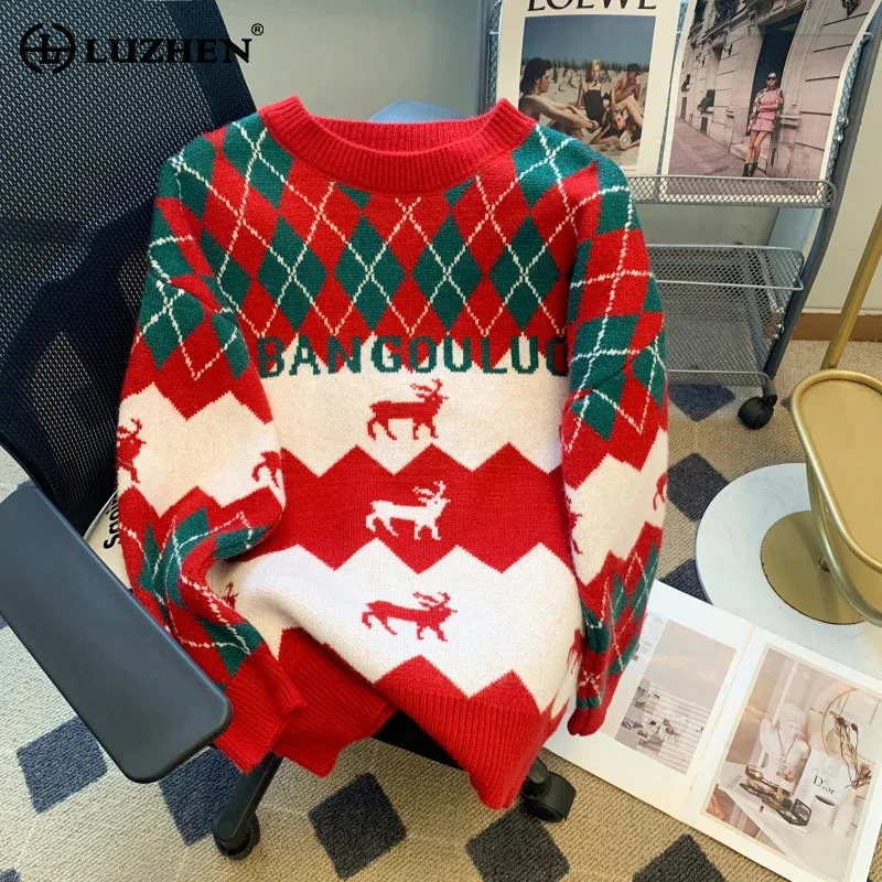 LUZHEN 2024 Autumn Winter Couple Outfit Sweater Women's New Year's Temperament Trendy Elk Deer Pattern Knitted Pullover AA2167