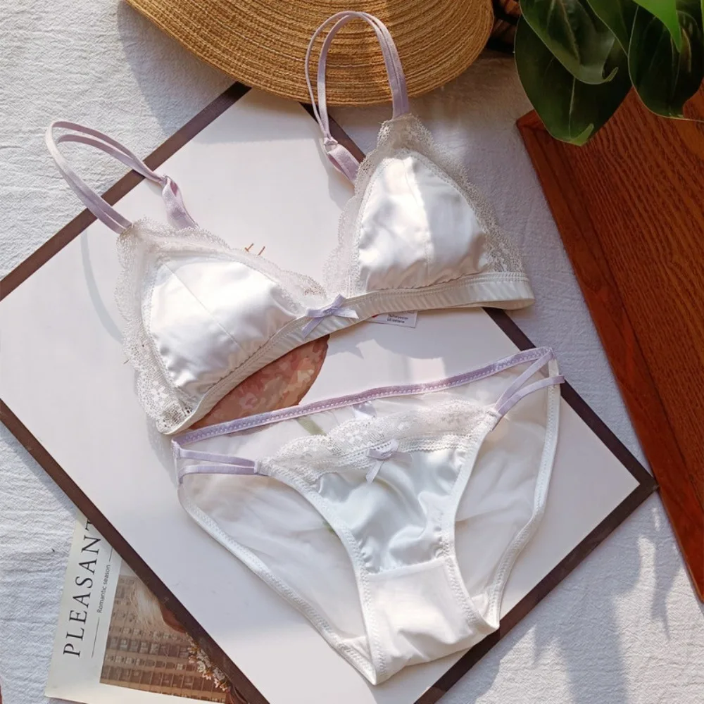 Conjunto de sujetador y bragas estilo francés, bralette sin aros con copas triangulares, con detalles de encaje, ropa interior para jóvenes damas con busto pequeño, lencería diaria.