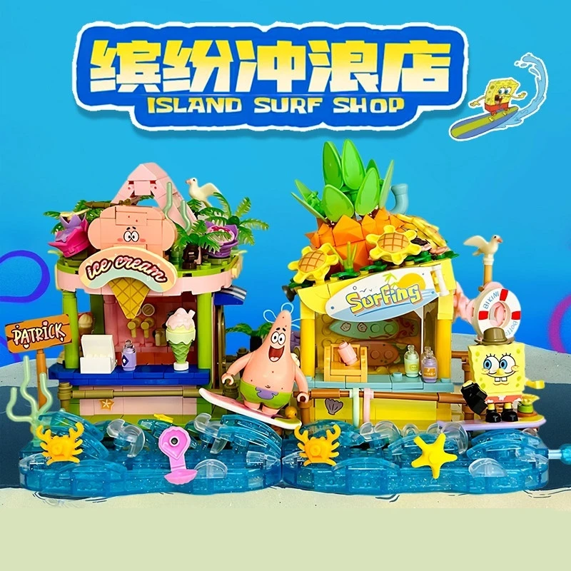 

Конструктор Senbao: Сцена из мультфильма «Губка Боб» — уличная сцена с серфингом, разноцветные блоки для сборки, фигурка Патрика, настольное украшение