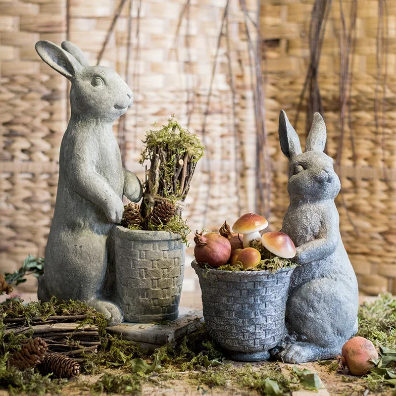 Retro Rabbit Plant Pot Resin Cachepot for Flowers Vintage American Country Indoor or Outdoor Balcony