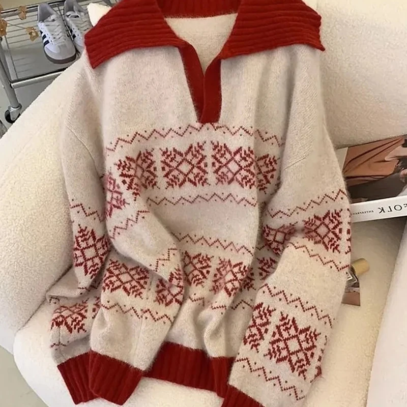 ジャカード甘いクリスマスレッドセーター女性韓国ヴィンテージクラシック長袖プルオーバー長袖シックなフェイクミンクフリーストップ