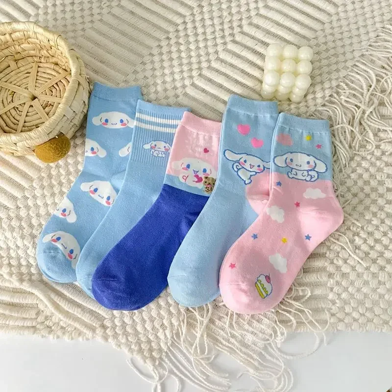 

5 Pairs Kawaii Sanrio Mid-Calf Socks Cinnamoroll Cartoon Anime Student Comfortable Keep Warm Protecting Feet Toys Girls Gifts