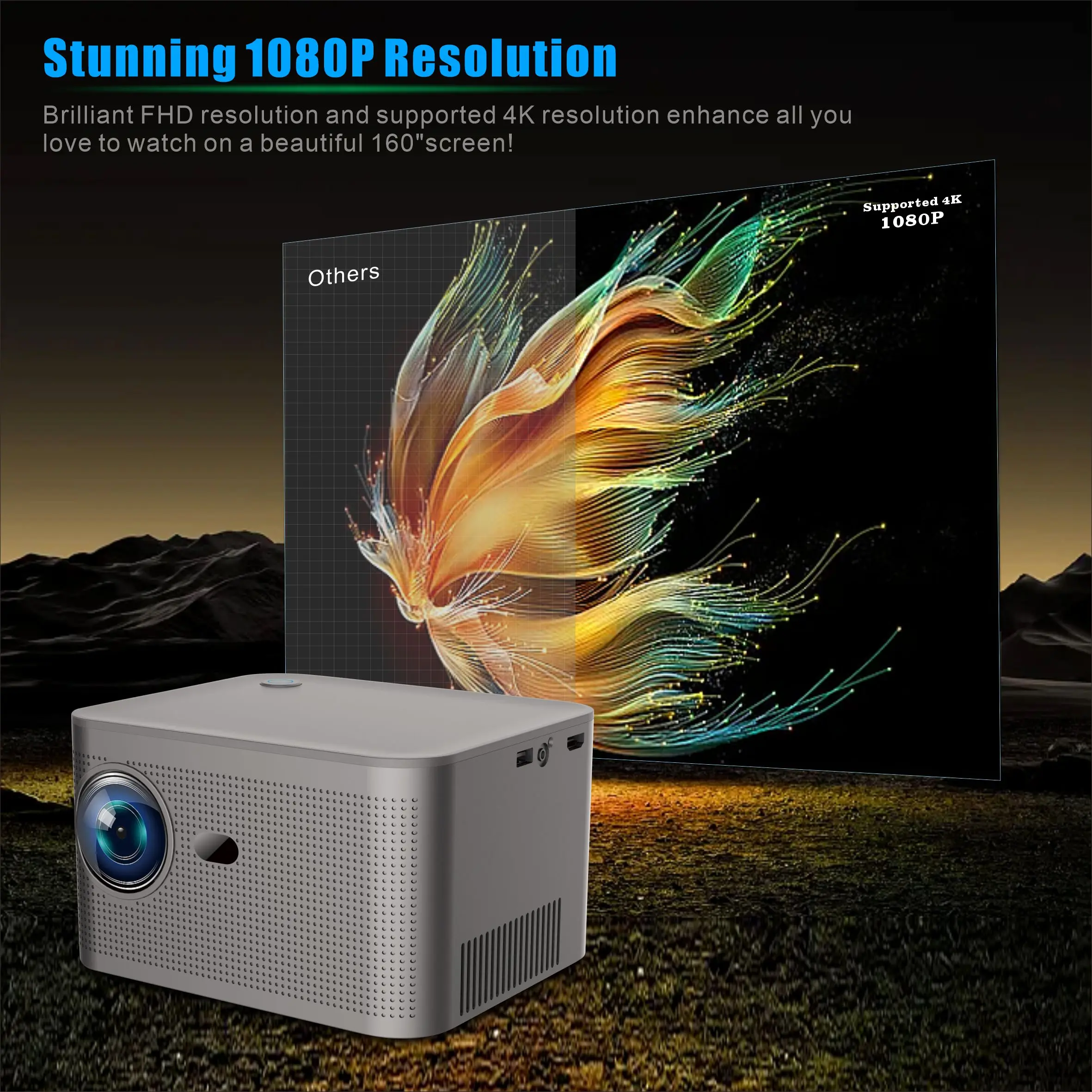 Native 1080P 300ANSI 4K Android 11 Voice Projector HY350 Auto Keystone Correction Dual band WiFi6 BT5.0 Portable Movie Outdoor