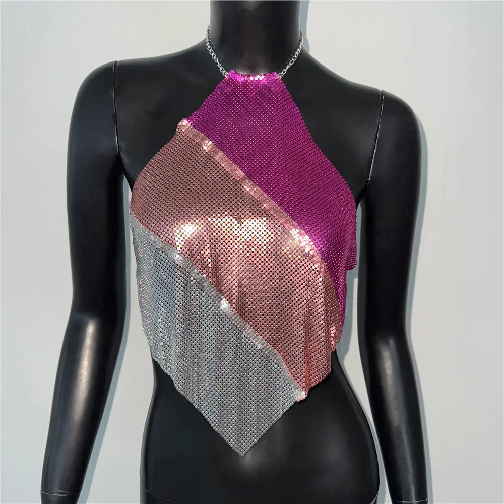 Women Sexy Metal Sequined Tank Camis Summer Backless Glitter Beach Club Show Wear Tank Top Nightclub Party Chain Top