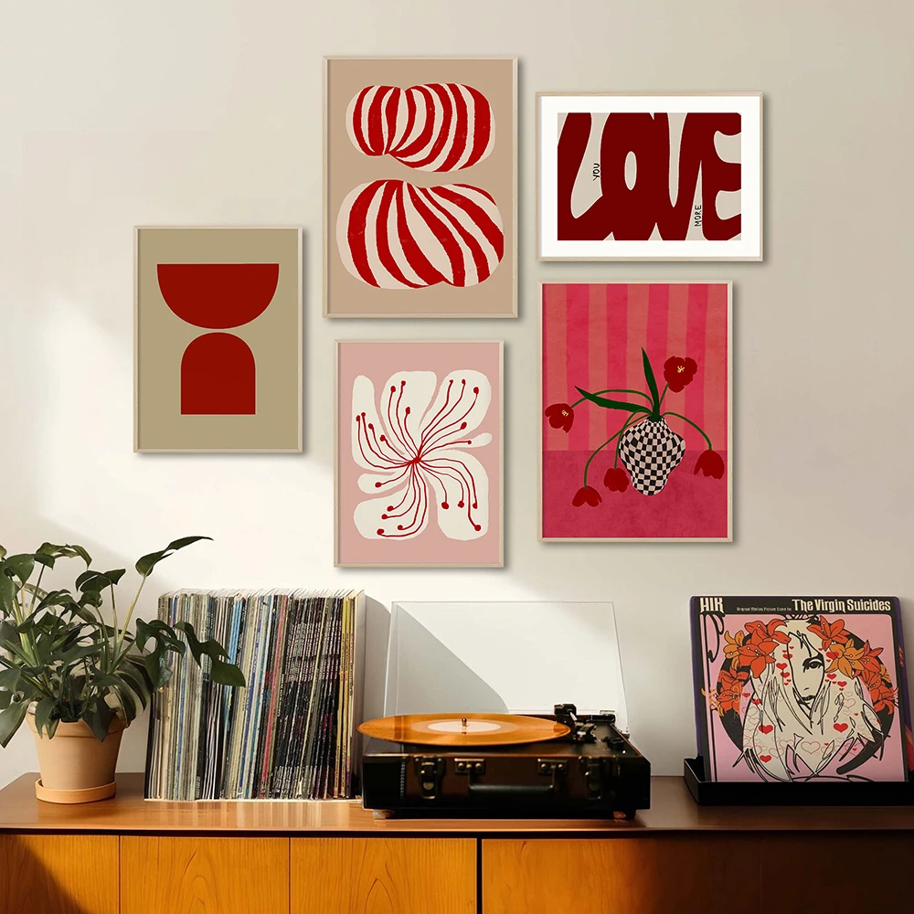 أحبك الفن طباعة النغمات الحمراء الجمالية الرسم على لوحات القماش الجدارية مجردة الأزهار المشارك المعاصرة انتقائية جدار صور دي