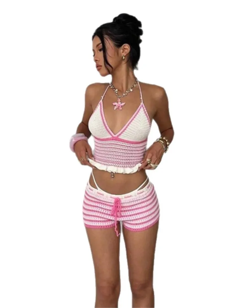 2026 Set da 2 pezzi da spiaggia per donna Copricostume da bagno Top e pantaloncini a vita bassa Costume da bagno copricostume da donna sexy
