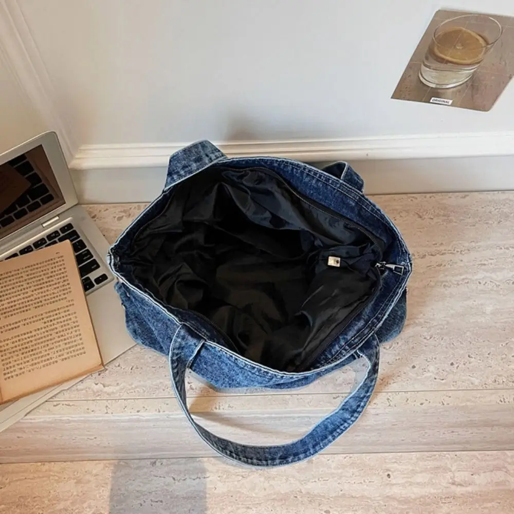 Sweet Korean Style Rivet Denim Shoulder Bag Retro Zipper Underarm Packs Large Capacity Solid Color Handbag Women