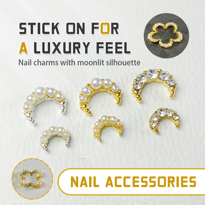 

10Pcs Gold/Silver Nail Art Crystal Pearl Rhinestones 2 Sizes Moon Shaped Designs Charms For Korean Nail Art Accessories