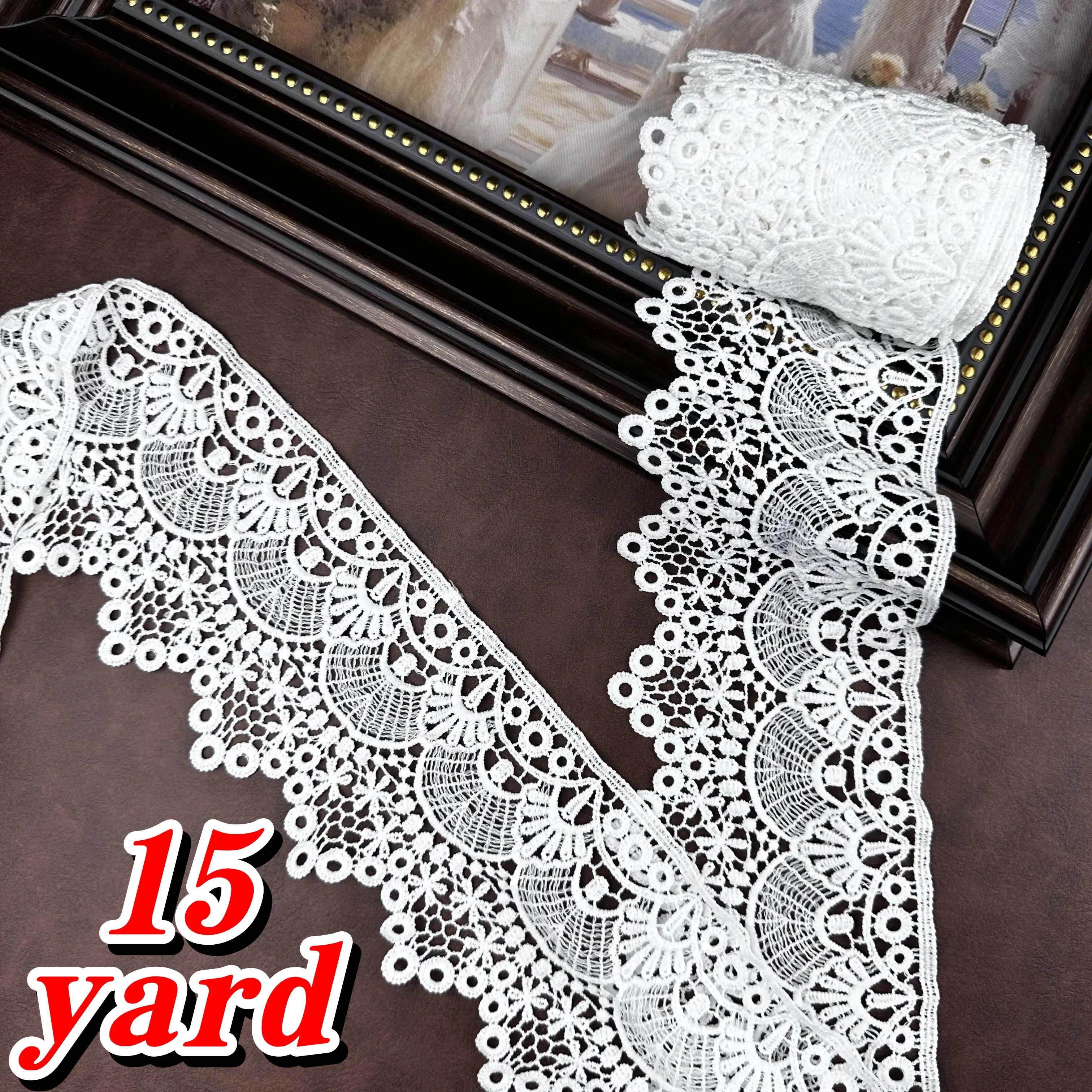 15 yardas de adorno de encaje bordado vintage, ancho 4,02 pulgadas, 15/10/5/3/1 yardas, adecuado para cortinas, manteles, fundas de sofá, ropa nupcial, manualidades y accesorios DIY, lujoso adorno de encaje elástico suave y grueso |     Alto-Qua