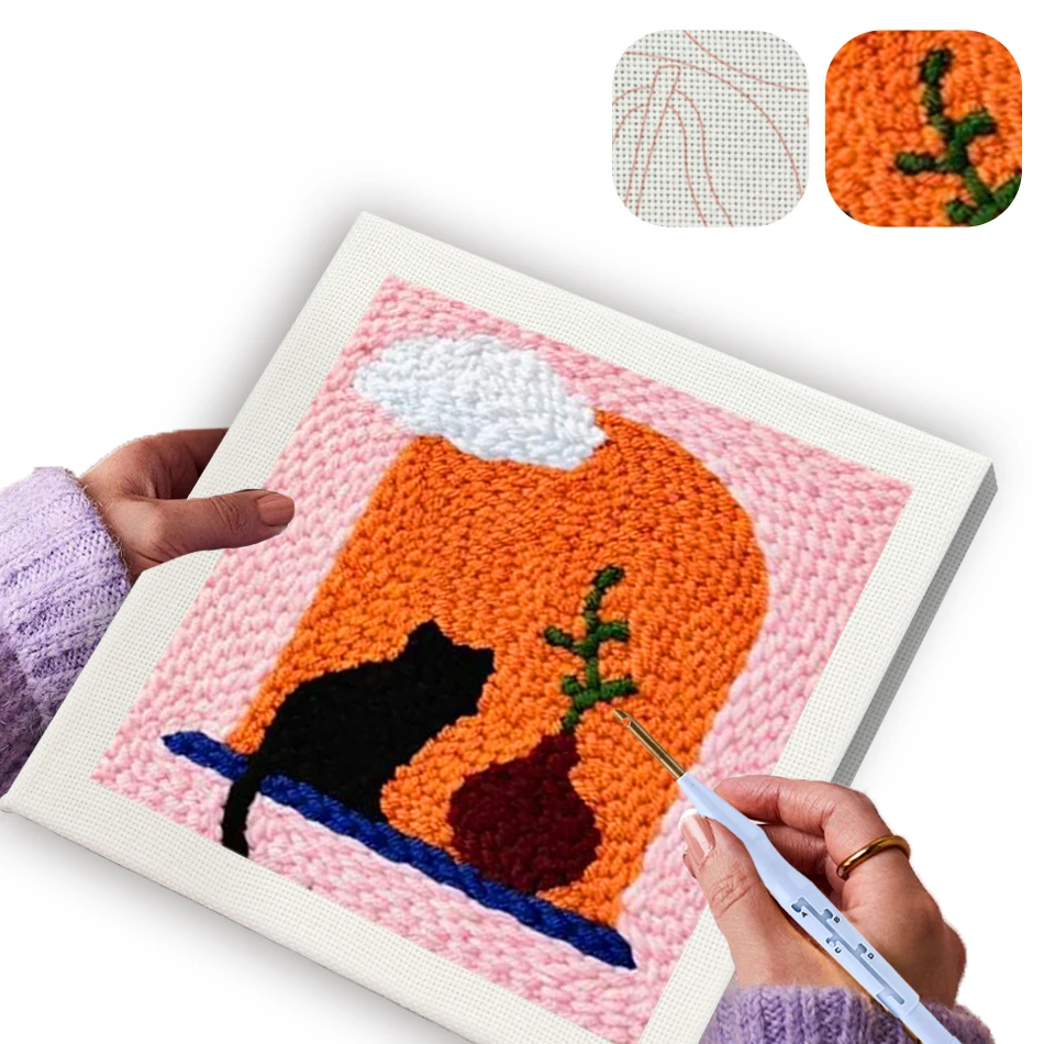 GATYZTORY punch needle embroidery kits black cat Yarn Sewing 25x25cm wooden embroidery hoops Simple adult crafts wall decoration