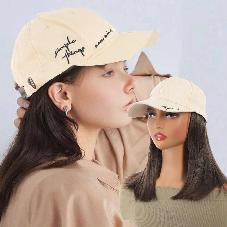 

Allaosify Synthetic Hair Women's 12inch light beige letter embroidered baseball cap Straight hair highlights hat extensions