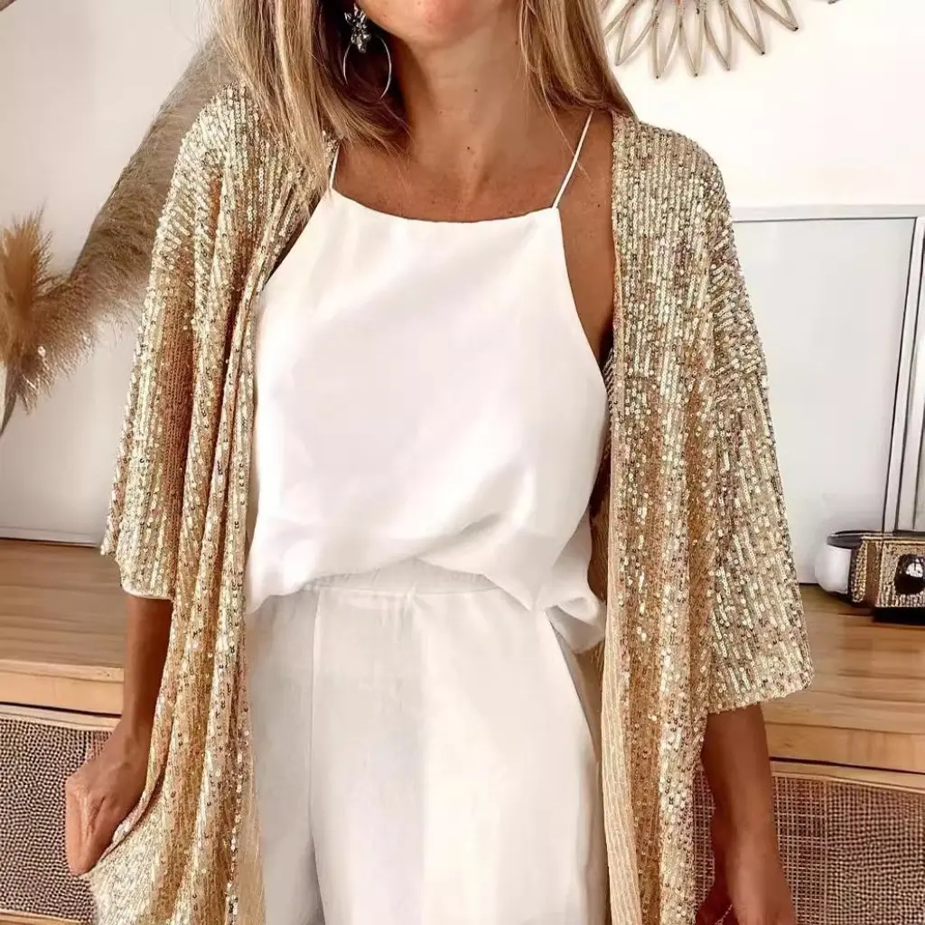 

Women's plus Size Sequined Jacket Loose Top Color Block Autumn New Direct Sales European And American Style Independent Station