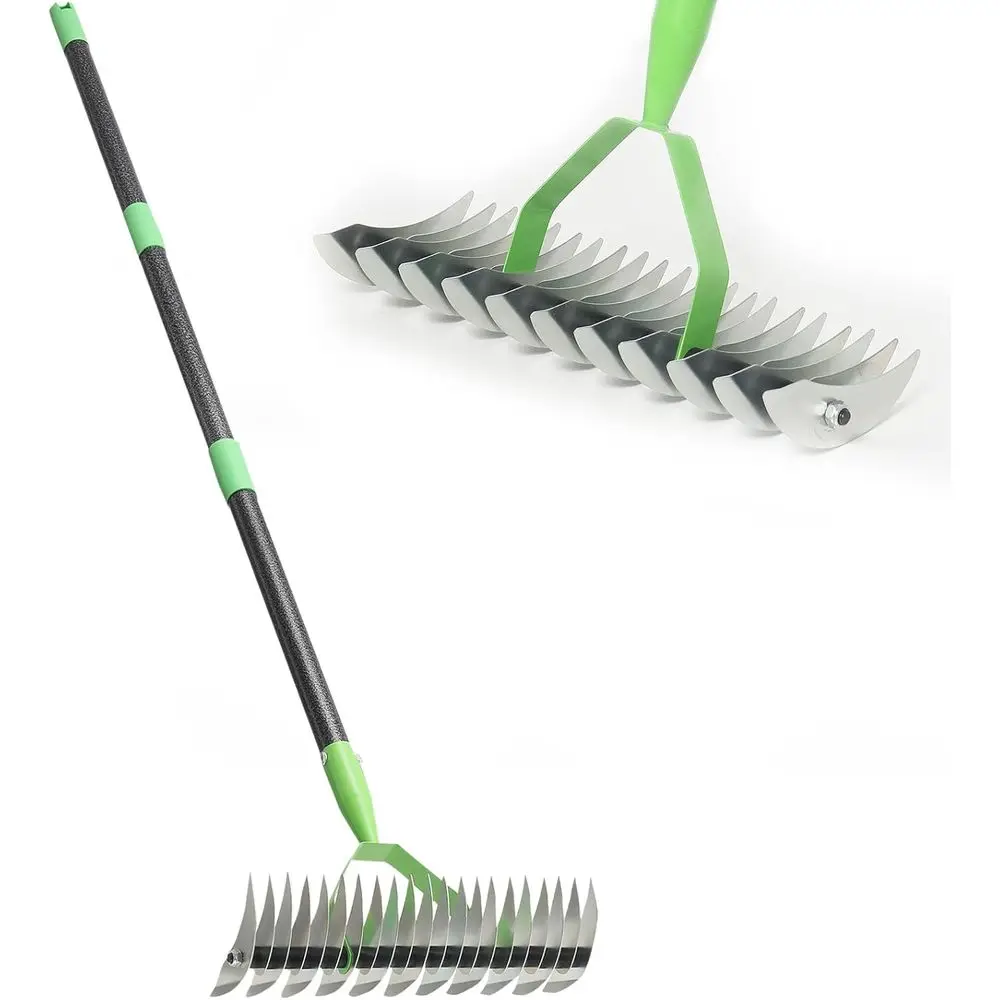 

Heavy-Duty Long-Handled Lawn Rake for Dead Grass Removal and Soil Loosening, 54 Length, 13 Width, 11 Tines