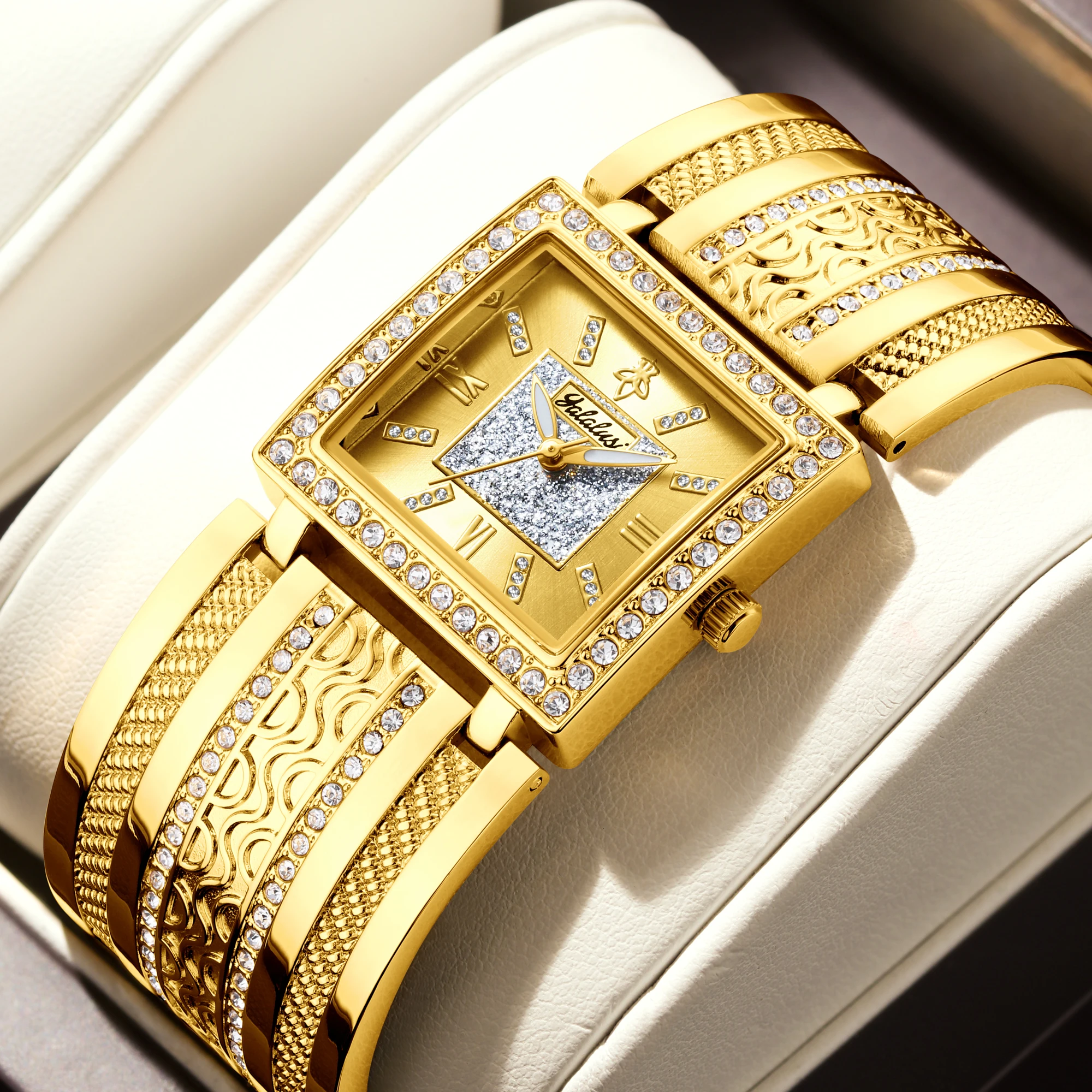 YaLaLuSi brand 2024 new women\'s watch gold engraved crystal diamonds luxury style box watch opener Ion Plating