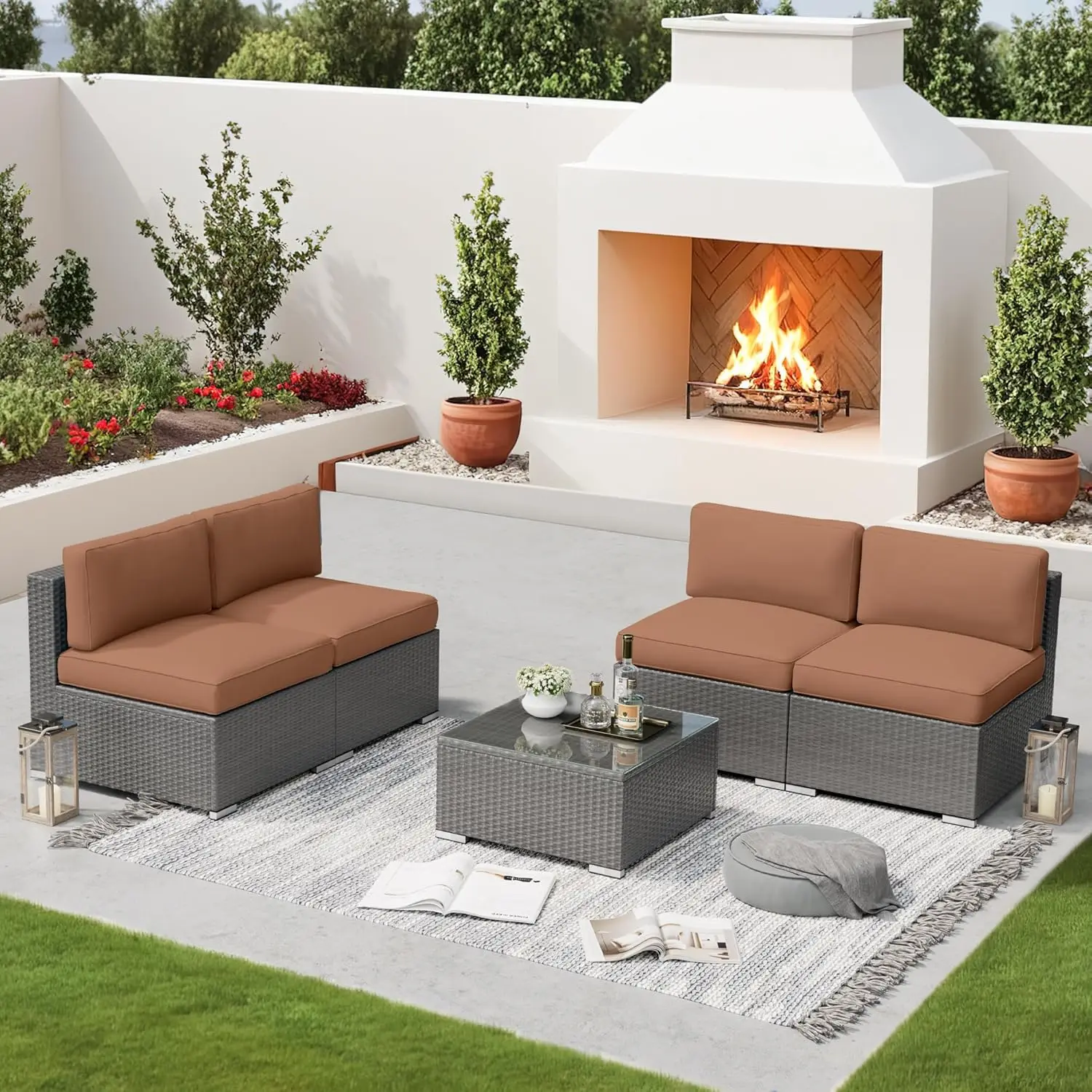 Outdoor Patio Furniture Set 5 Piece Outdoor Sectional Sofa Grey Wicker Conversation Sofa Set with Coffee Table and Cushions,