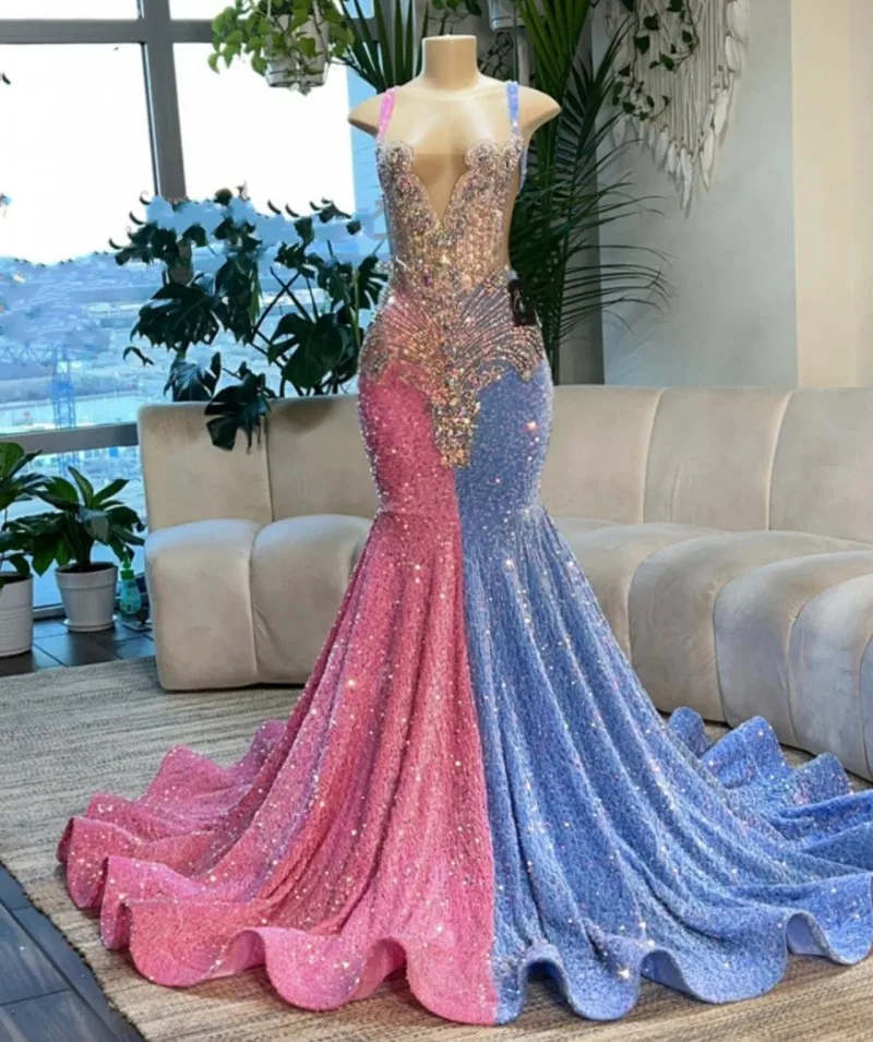 Luxury Pink And Blue Prom Dresses For Women Wedding Party Crystal Beading Spagheti Straps Sequin Long Graduation Gown Customized