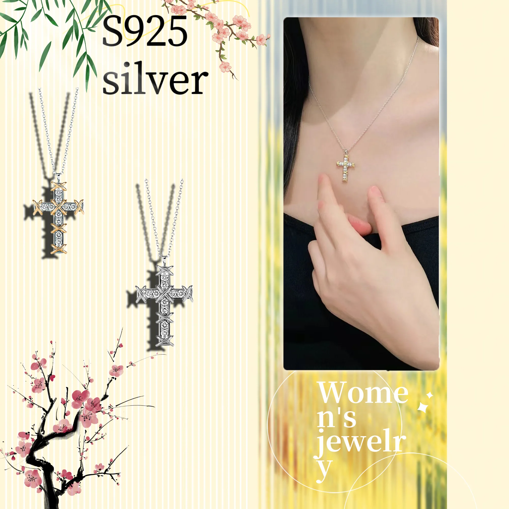 

Solid silver S925 women's jewelry cross design necklace to celebrate coming of age party wearing and gift giving
