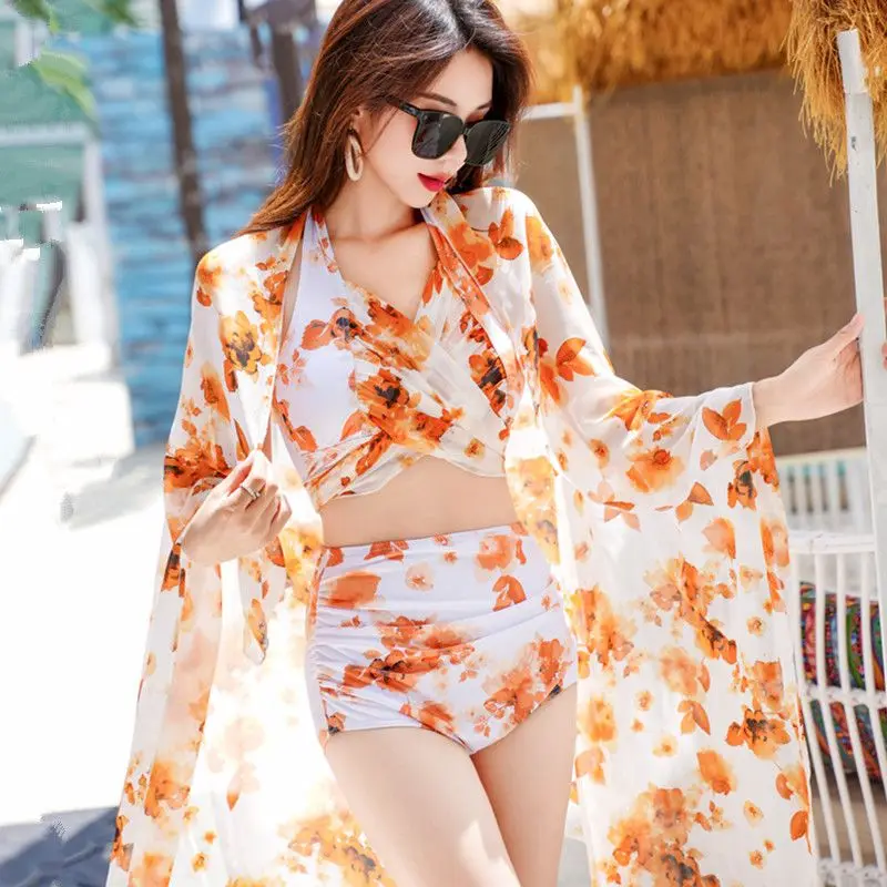 New Fashion Triangle Bikini 3PCS Swimwear Female Chiffon Skirt Bathing Suits for Holiday Beach Party