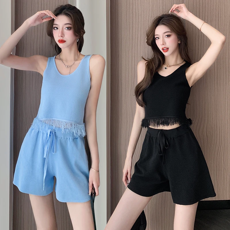 Tank Top Knit Set Women's Summer 2023 New European Style Fashion Sports Casual Tank Top Shorts Two Piece Set