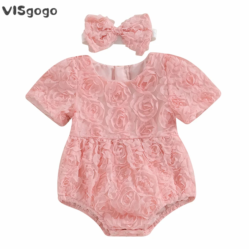 

VISgogo Cute Baby Girls Rompers 3D Rose Flower Short Sleeve Crew Neck Bodysuits Infant Sweet Princess Clothes with Headband