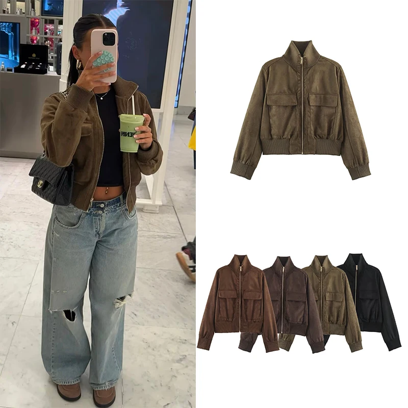 Guobioziy 2026 Autumn Retro Casual Loose Stand Collar Zip Jacket with Pockets Street Style Everyday Commuter Multi-functional