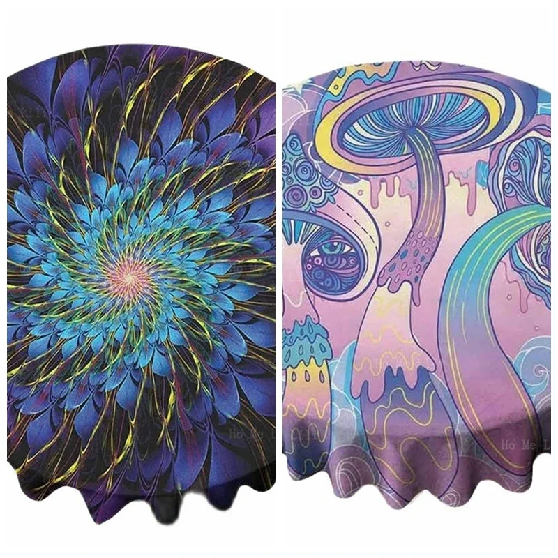 Psychedelic Shamanic Hippie Mushroom Trippy Vivid Color Petals Arranged In Vortex Abstract Swirling Image Round Tablecloth