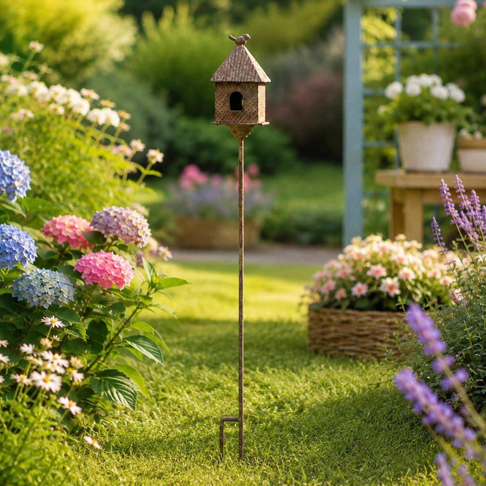 Garden Decoration Decorative Birdhouse-Shaped Landscape Decoration with Ground Stake Iron Birdhouse Garden Stake Distressed